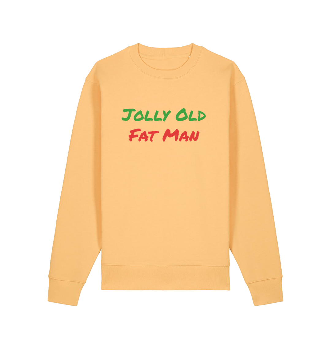 yellow christmas sweater with the slogan 'jolly old fat man'