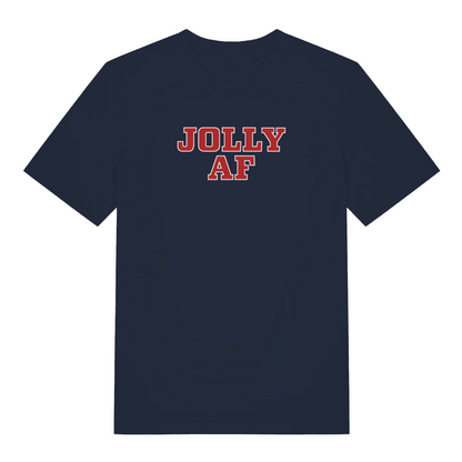 navy christmas t-shirt with the slogan 'jolly af'