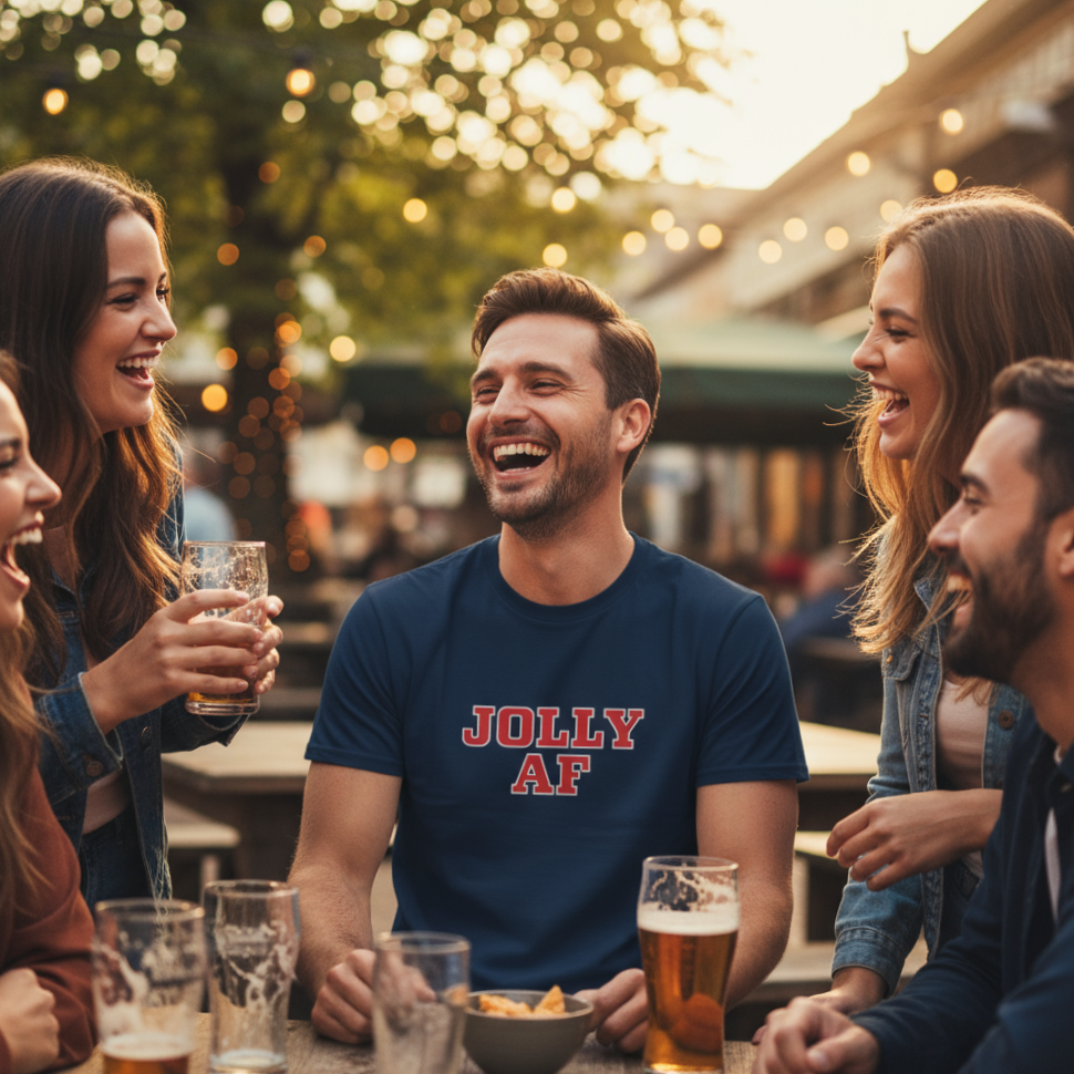 Group of friends laughing together outdoors with one person wearing a 'Jolly AF' shirt.