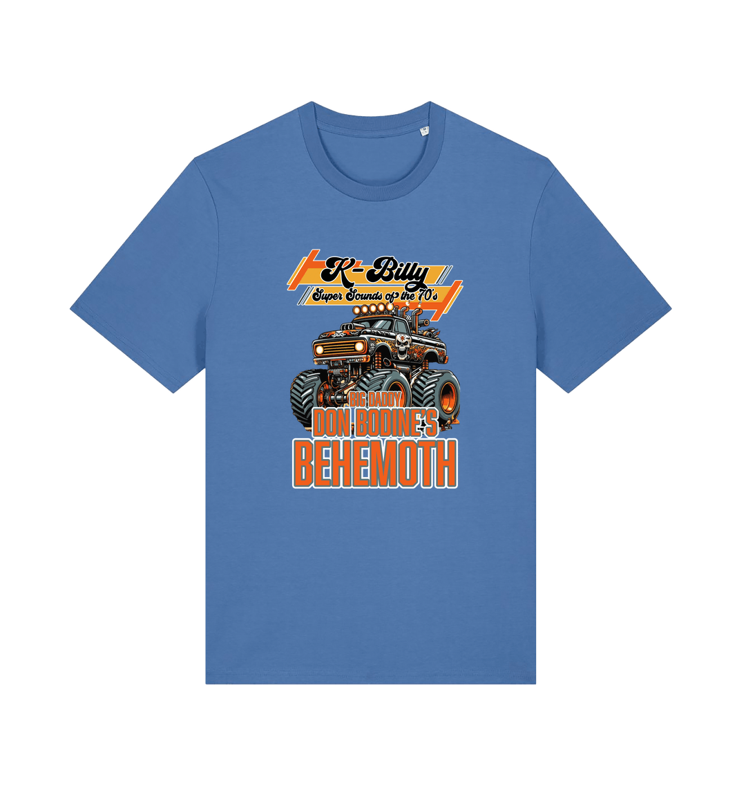 blue retro t-shirt with the graphic of a monster truck and the slogan 'k billy super sounds of the 70s'