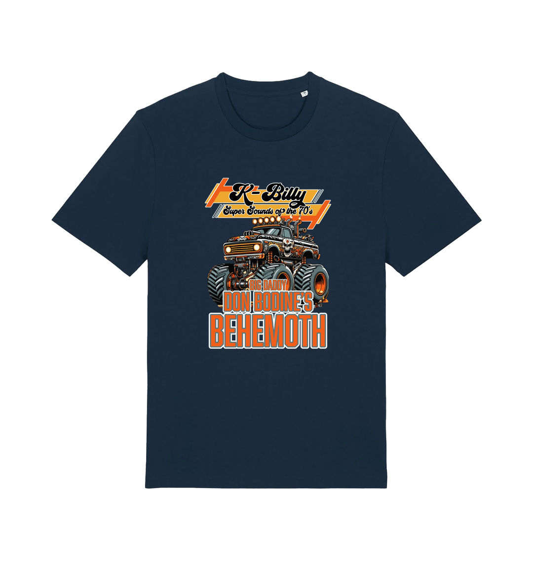navy retro t-shirt with the graphic of a monster truck and the slogan 'k billy super sounds of the 70s'