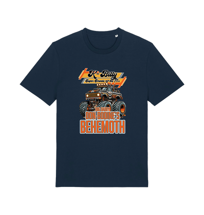 navy retro t-shirt with the graphic of a monster truck and the slogan 'k billy super sounds of the 70s'