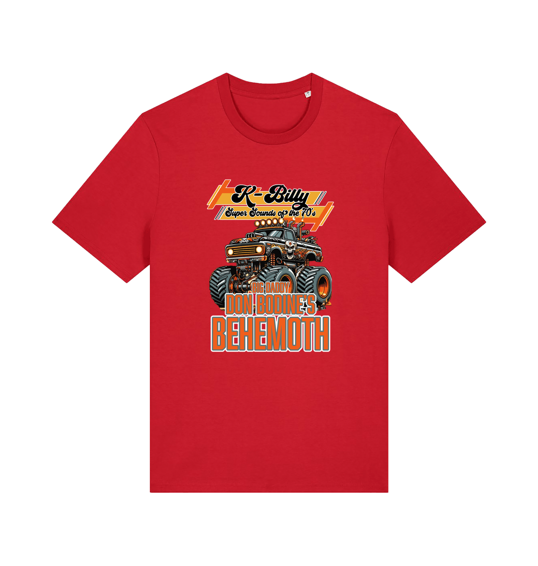 red retro t-shirt with the graphic of a monster truck and the slogan 'k billy super sounds of the 70s'