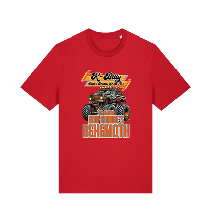 red retro t-shirt with the graphic of a monster truck and the slogan 'k billy super sounds of the 70s'