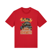 red retro t-shirt with the graphic of a monster truck and the slogan 'k billy super sounds of the 70s'