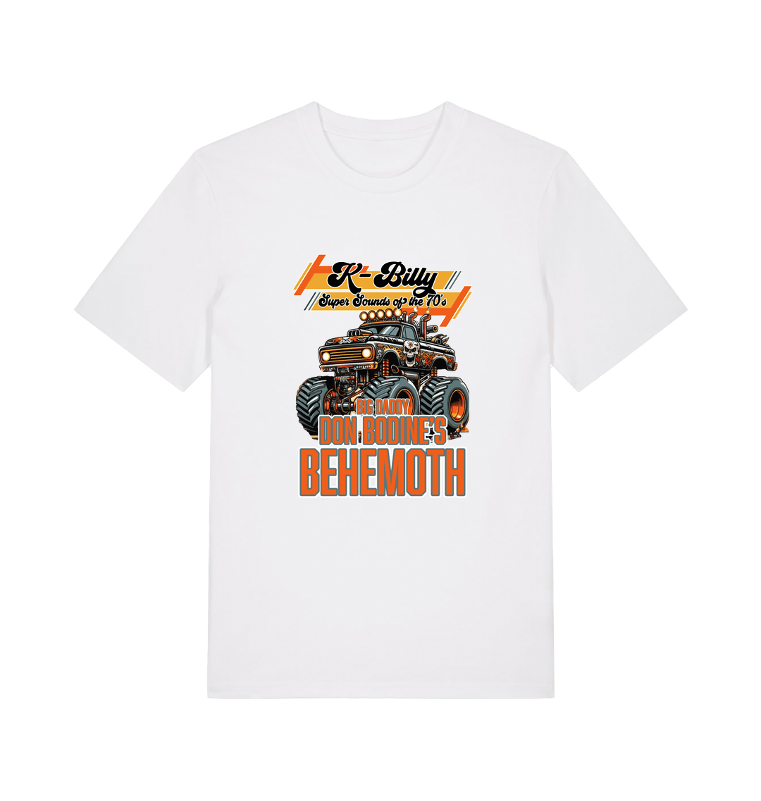 white retro t-shirt with the graphic of a monster truck and the slogan 'k billy super sounds of the 70s'