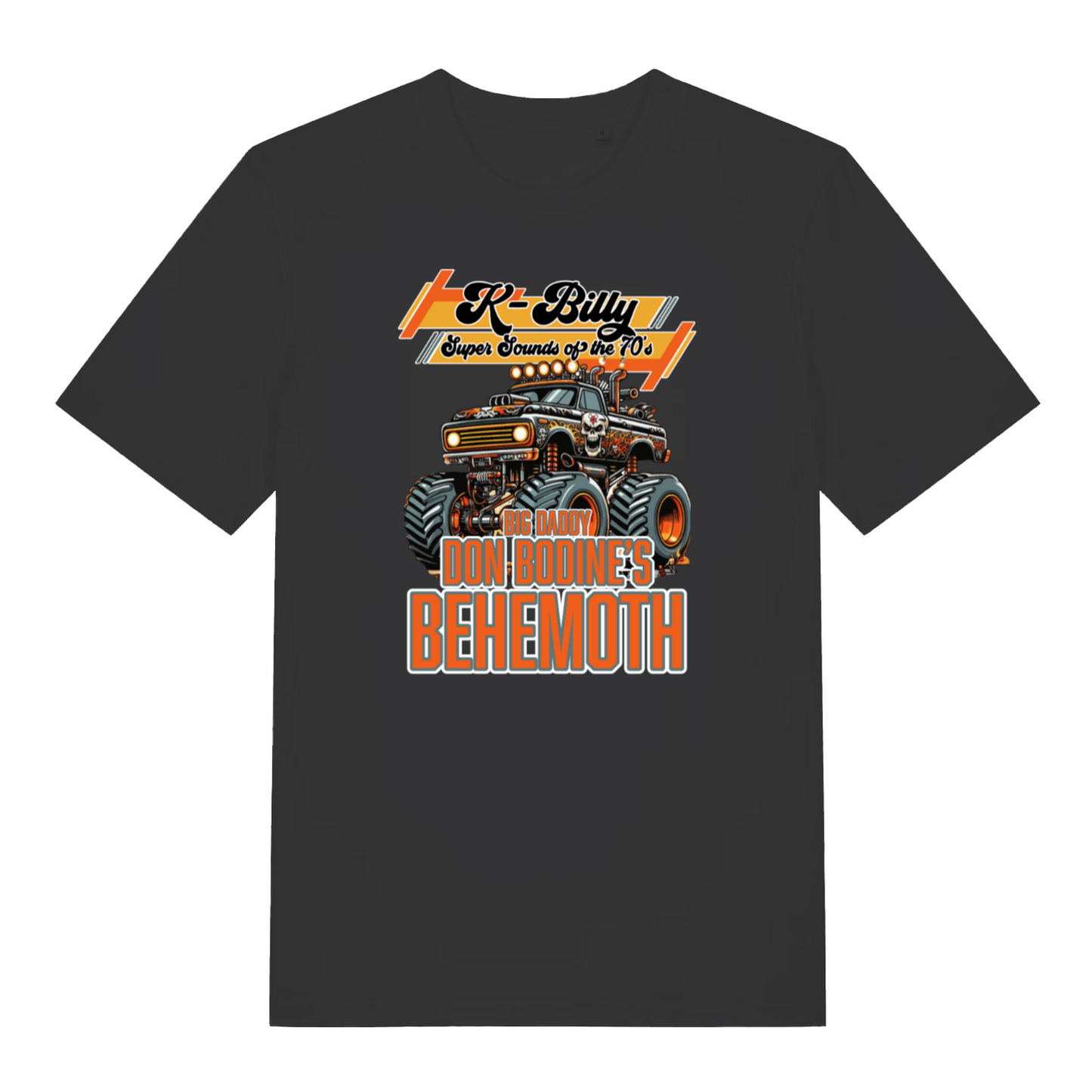 black graphic t-shirt with a monster truck design and the slogan 'k billy super sounds of the 70's'