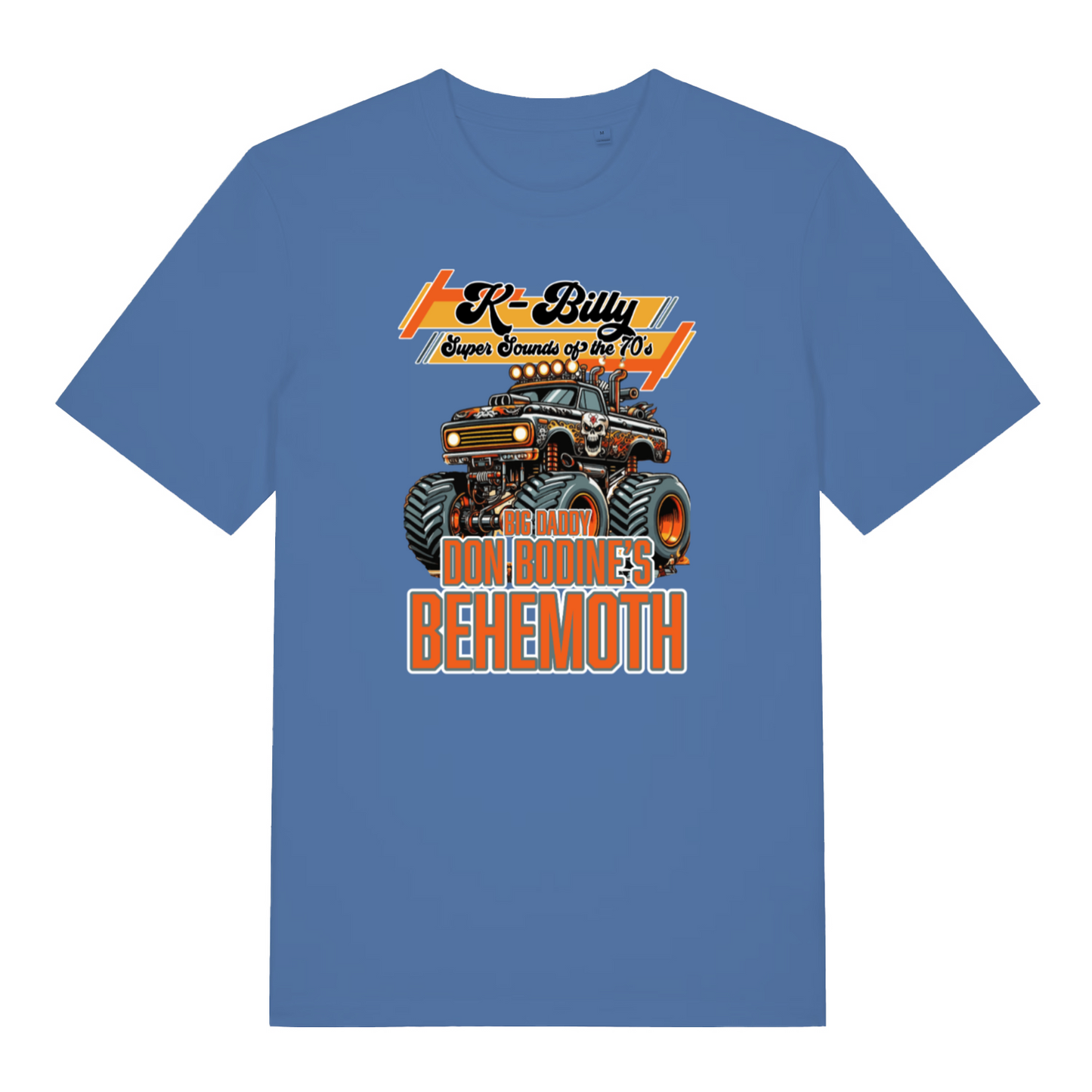 blue graphic t-shirt with a monster truck design and the slogan 'k billy super sounds of the 70's'