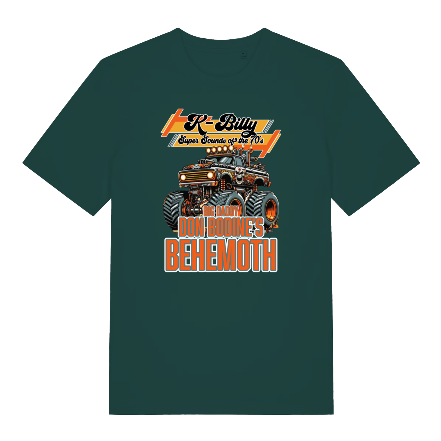 green graphic t-shirt with a monster truck design and the slogan 'k billy super sounds of the 70's'