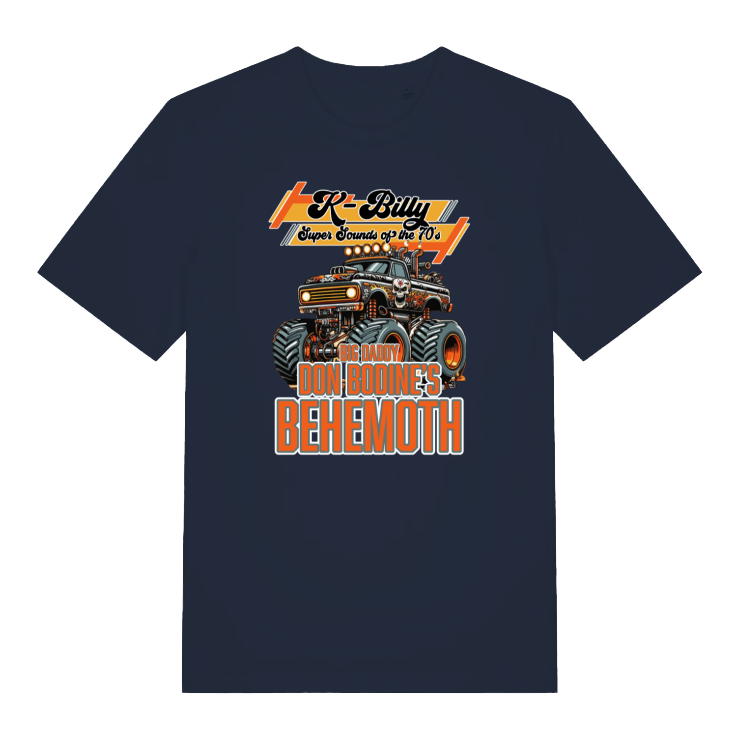navy graphic t-shirt with a monster truck design and the slogan 'k billy super sounds of the 70's'