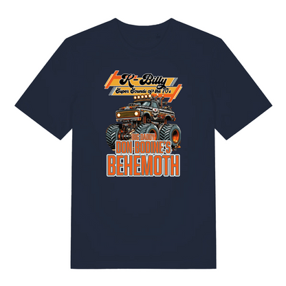 navy graphic t-shirt with a monster truck design and the slogan 'k billy super sounds of the 70's'