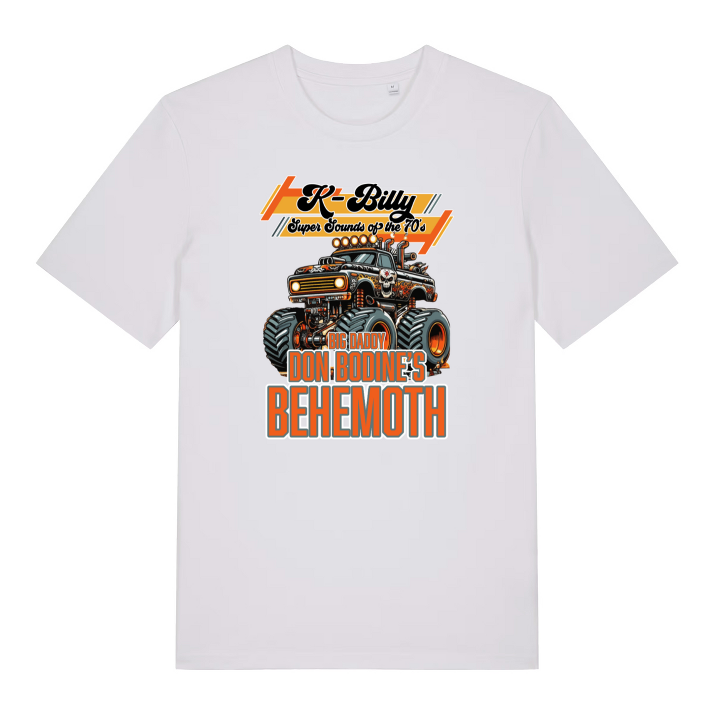 white graphic t-shirt with a monster truck design and the slogan 'k billy super sounds of the 70's'