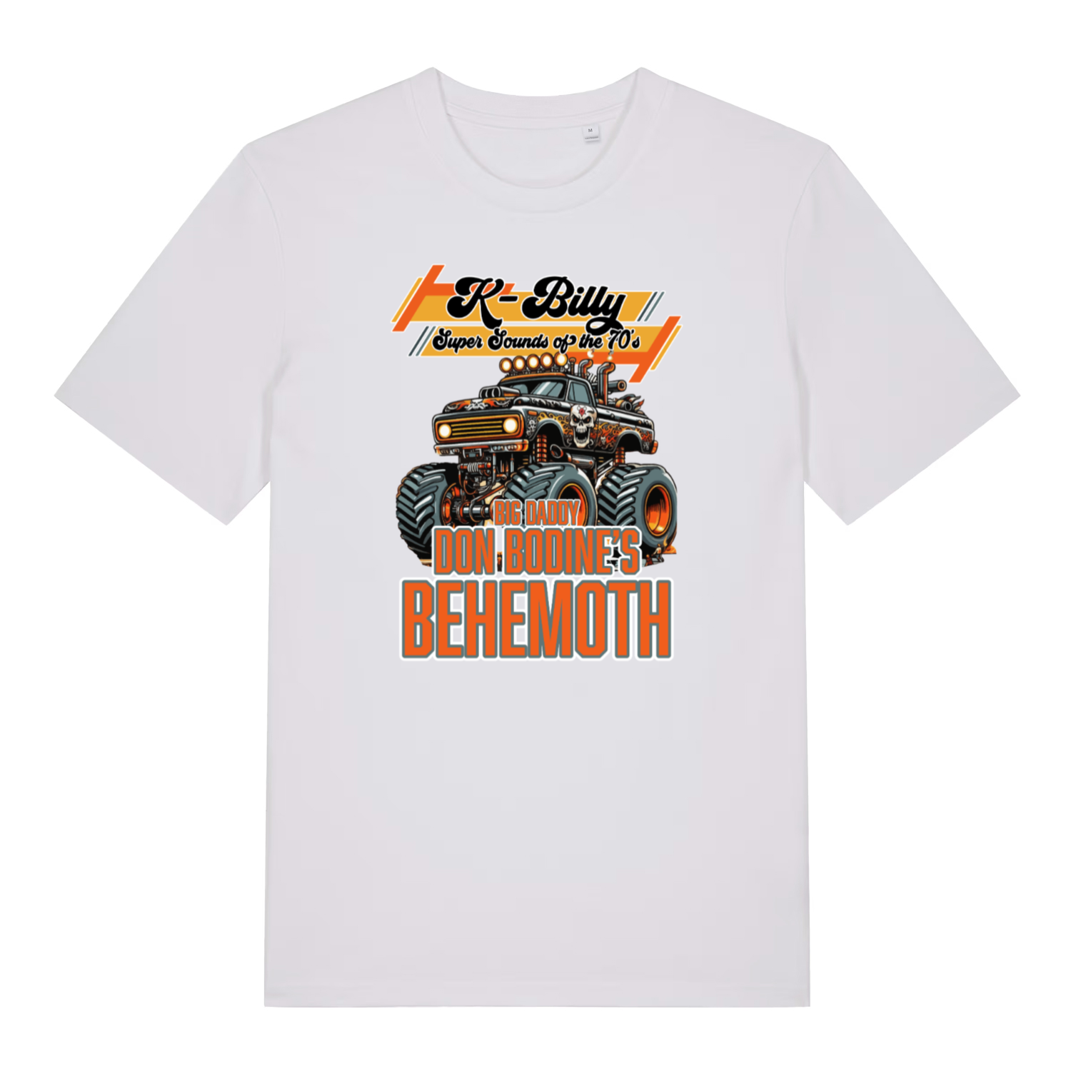 white graphic t-shirt with a monster truck design and the slogan 'k billy super sounds of the 70's'