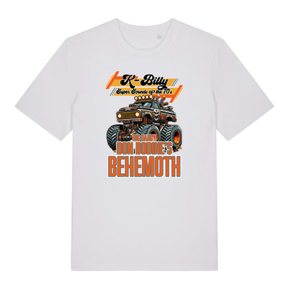 white graphic t-shirt with a monster truck design and the slogan 'k billy super sounds of the 70's'