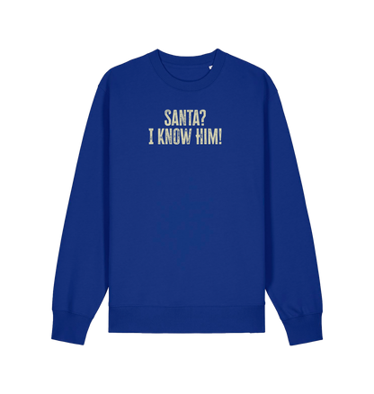 blue christmas sweater with the slogan 'santa i know him'