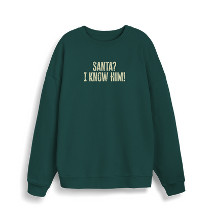 green christmas sweater with the slogan 'santa i know him'