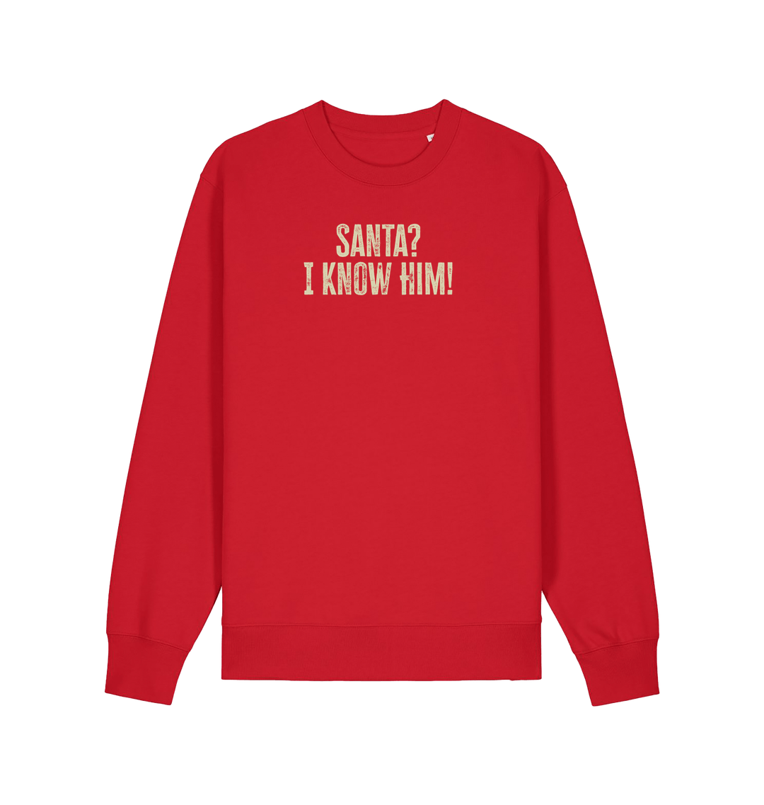 red christmas sweater with the slogan 'santa i know him'