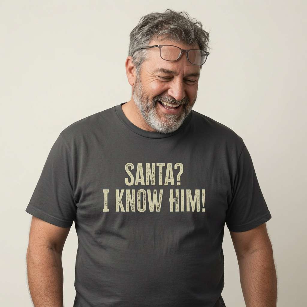 Man laughing with glasses on head in black Santa? I Know Him! tee, cheeky memorable santa slogan