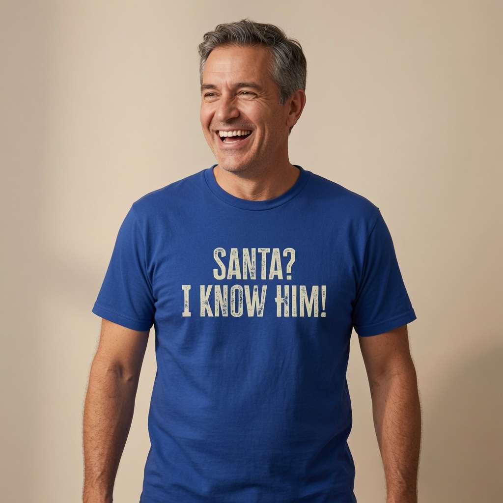 Grey-haired man laughing in blue Santa? I Know Him! t-shirt, fun legendary christmas movie