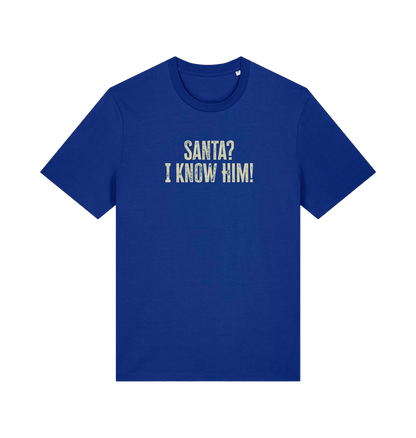blue christmas t-shirt with the slogan 'santa i know him'