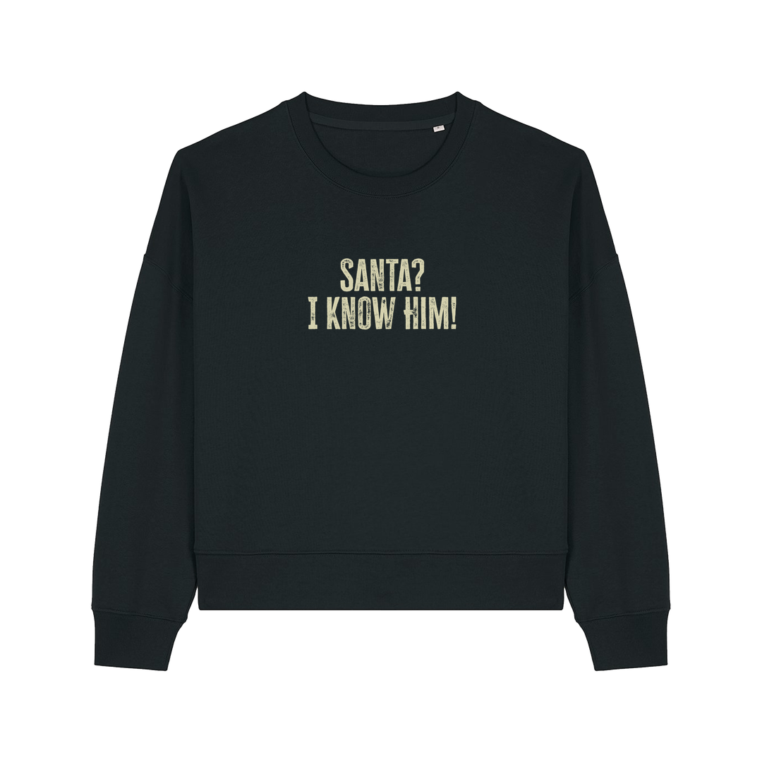 black christmas sweater with the slogan 'santa i know him'