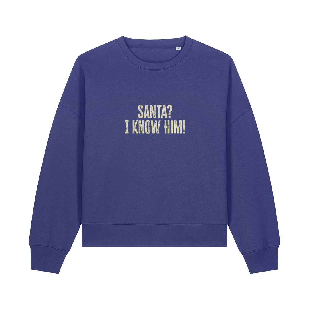 blue christmas sweater with the slogan 'santa i know him'