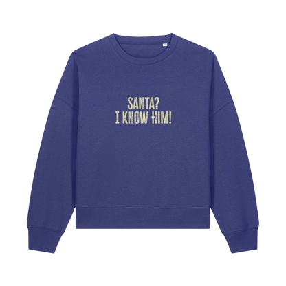 blue christmas sweater with the slogan 'santa i know him'