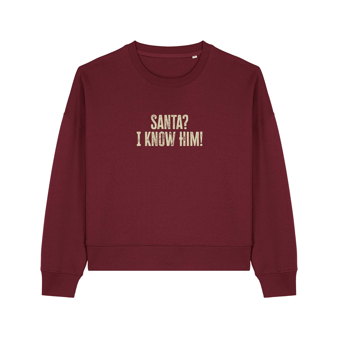 burgundy christmas sweater with the slogan 'santa i know him'