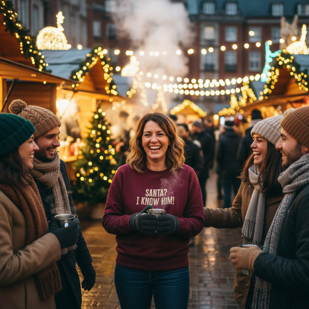 Group of people enjoying a festive market scene with Christmas decorations and lights.