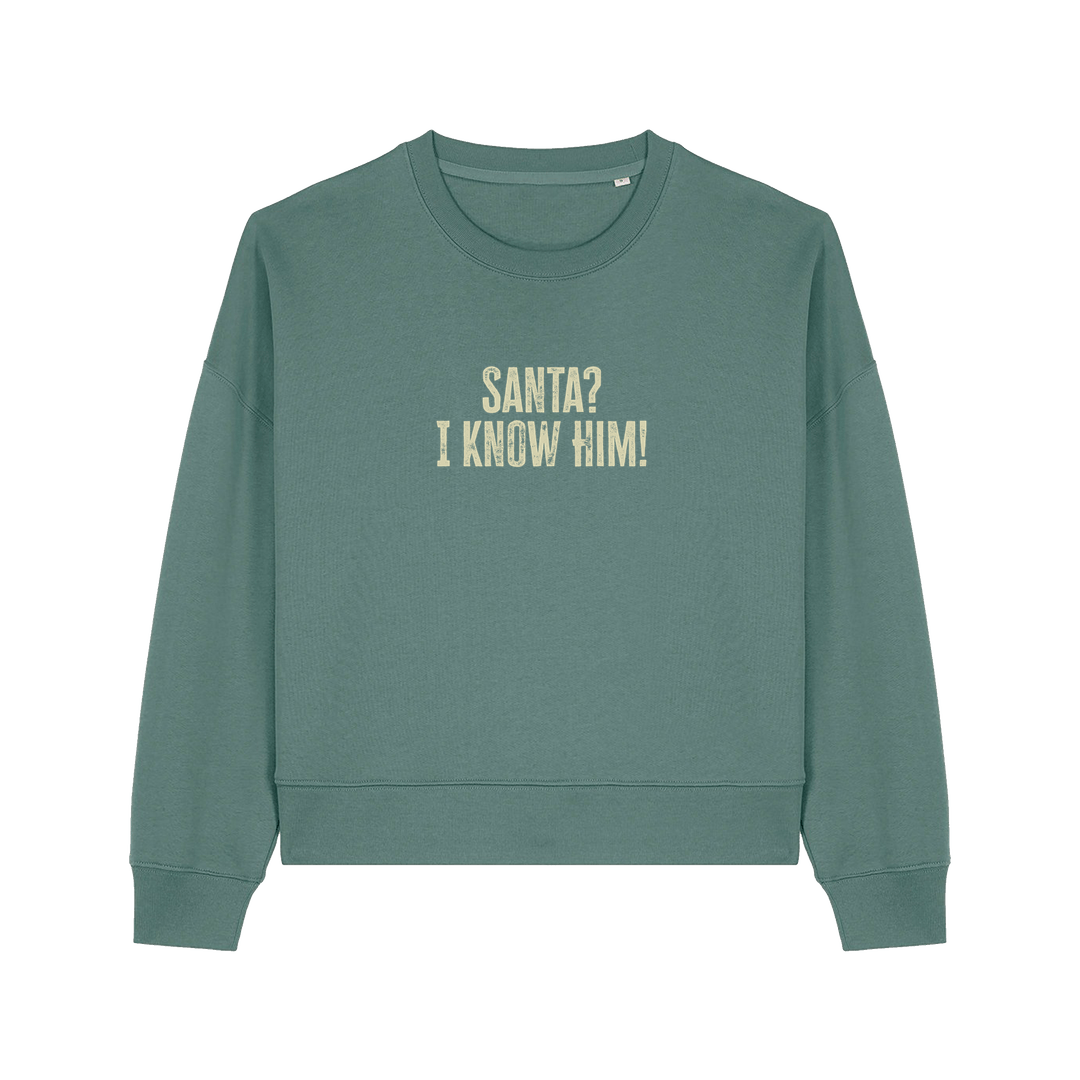 green christmas sweater with the slogan 'santa i know him'