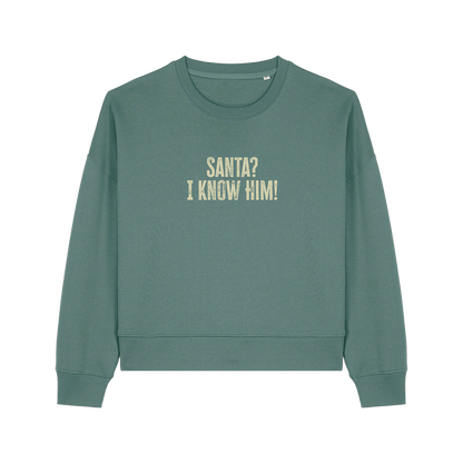 green christmas sweater with the slogan 'santa i know him'