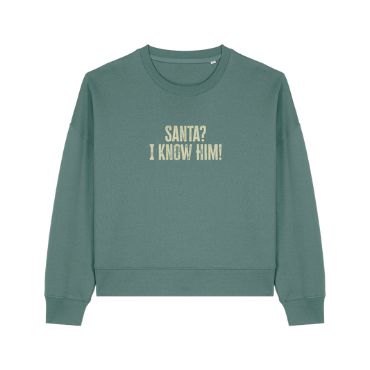 green christmas sweater with the slogan 'santa i know him'