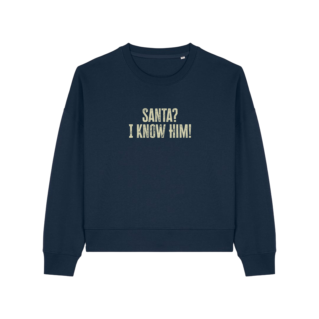 navy christmas sweater with the slogan 'santa i know him'