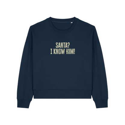 navy christmas sweater with the slogan 'santa i know him'