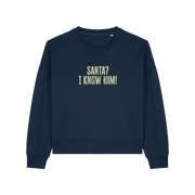 navy christmas sweater with the slogan 'santa i know him'