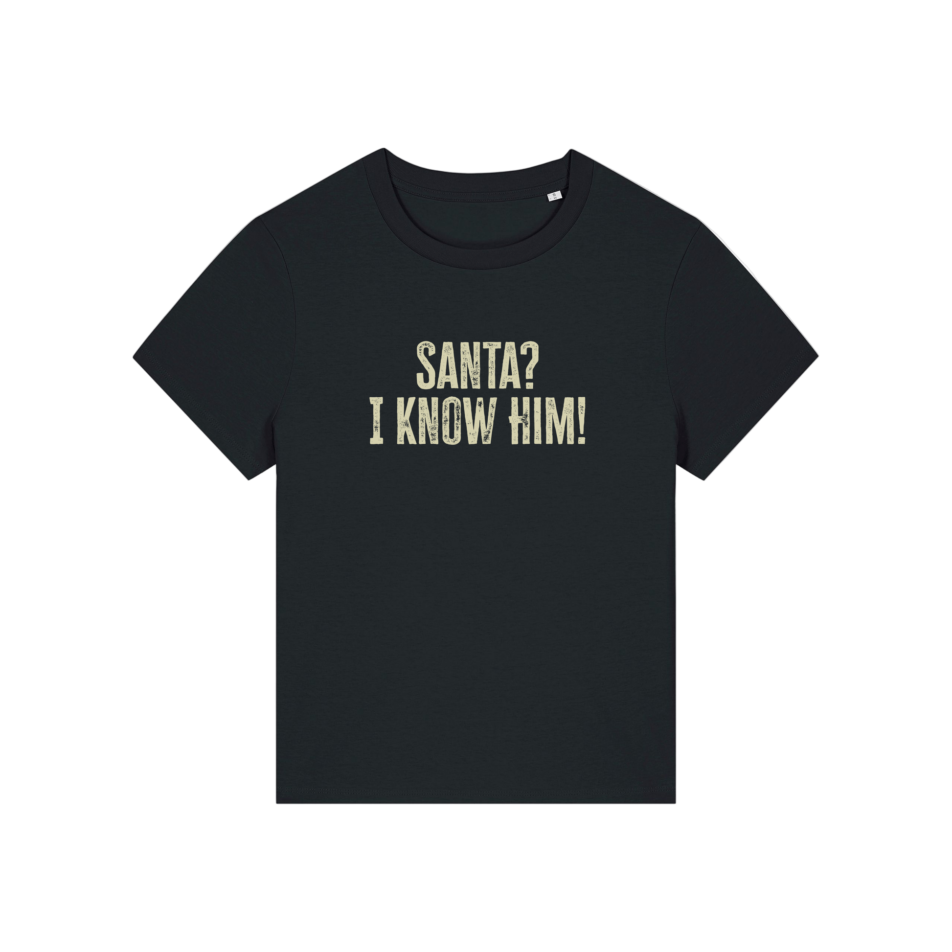 black christmas t-shirt with the slogan 'santa i know him'
