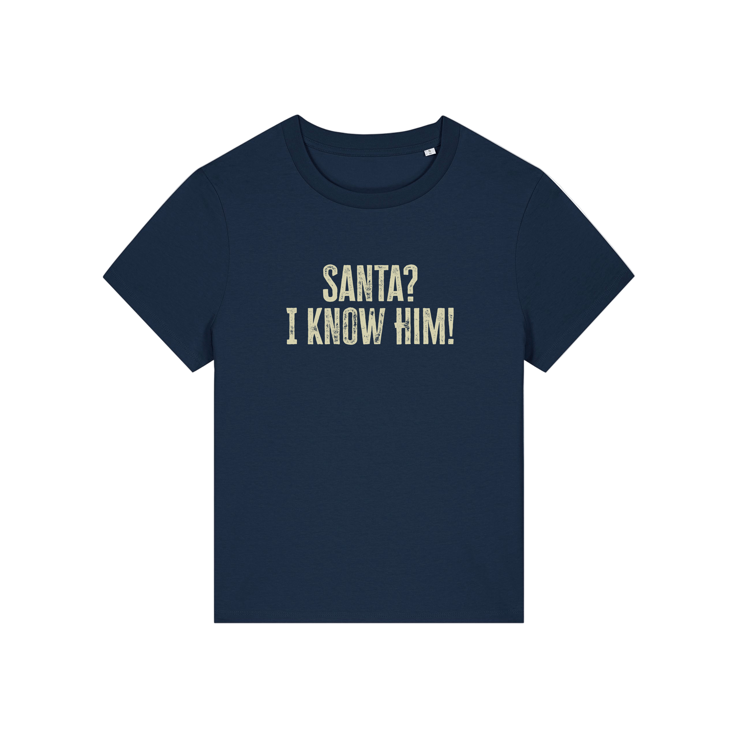 navy christmas t-shirt with the slogan 'santa i know him'