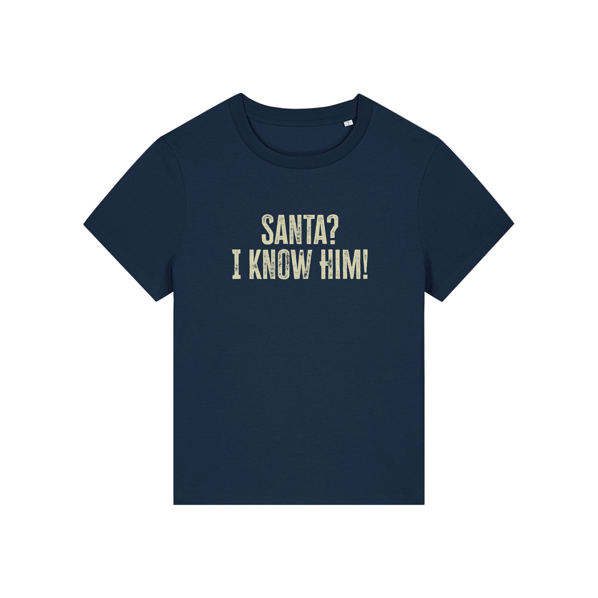 navy christmas t-shirt with the slogan 'santa i know him'