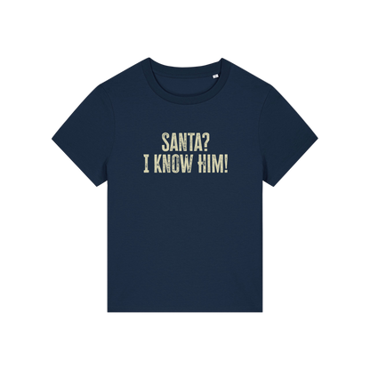 navy christmas t-shirt with the slogan 'santa i know him'