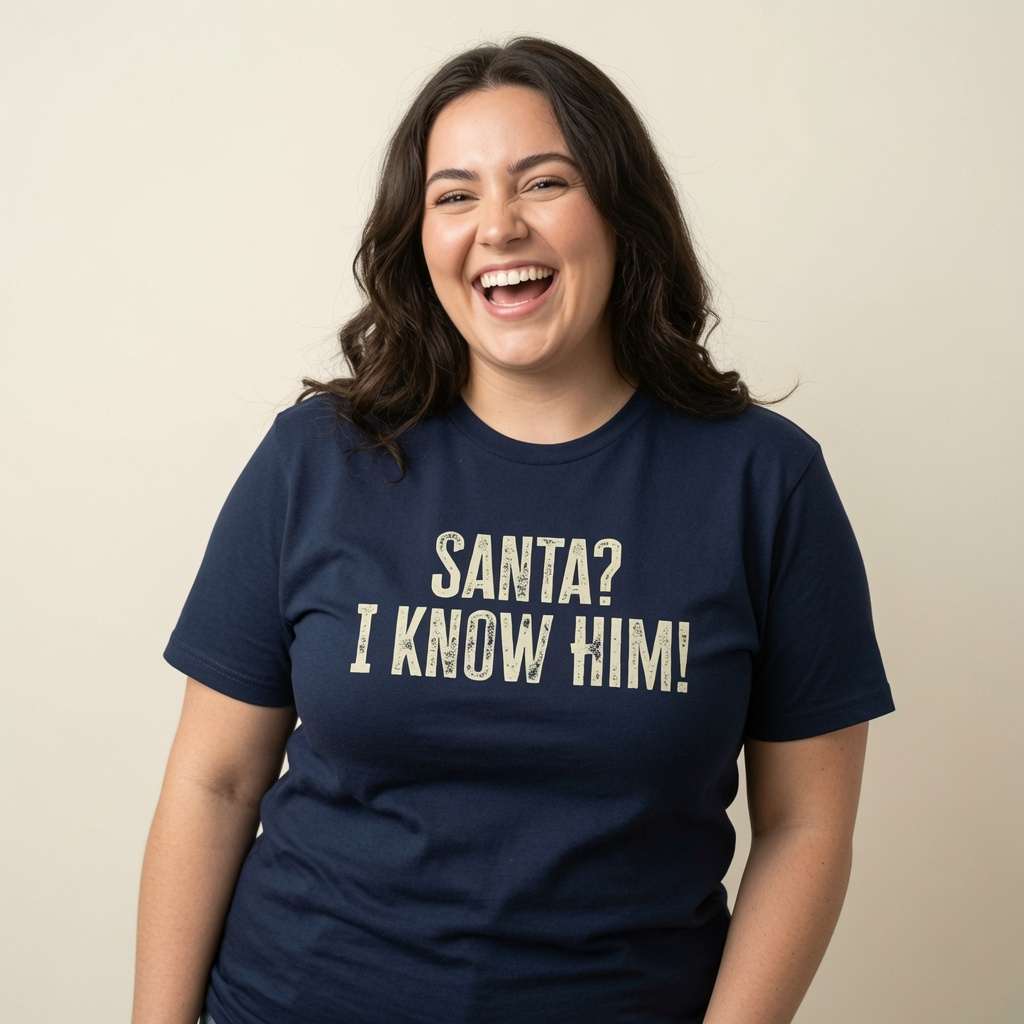 Woman laughing in navy Santa? I Know Him! tee, funny memorable ladies christmas day