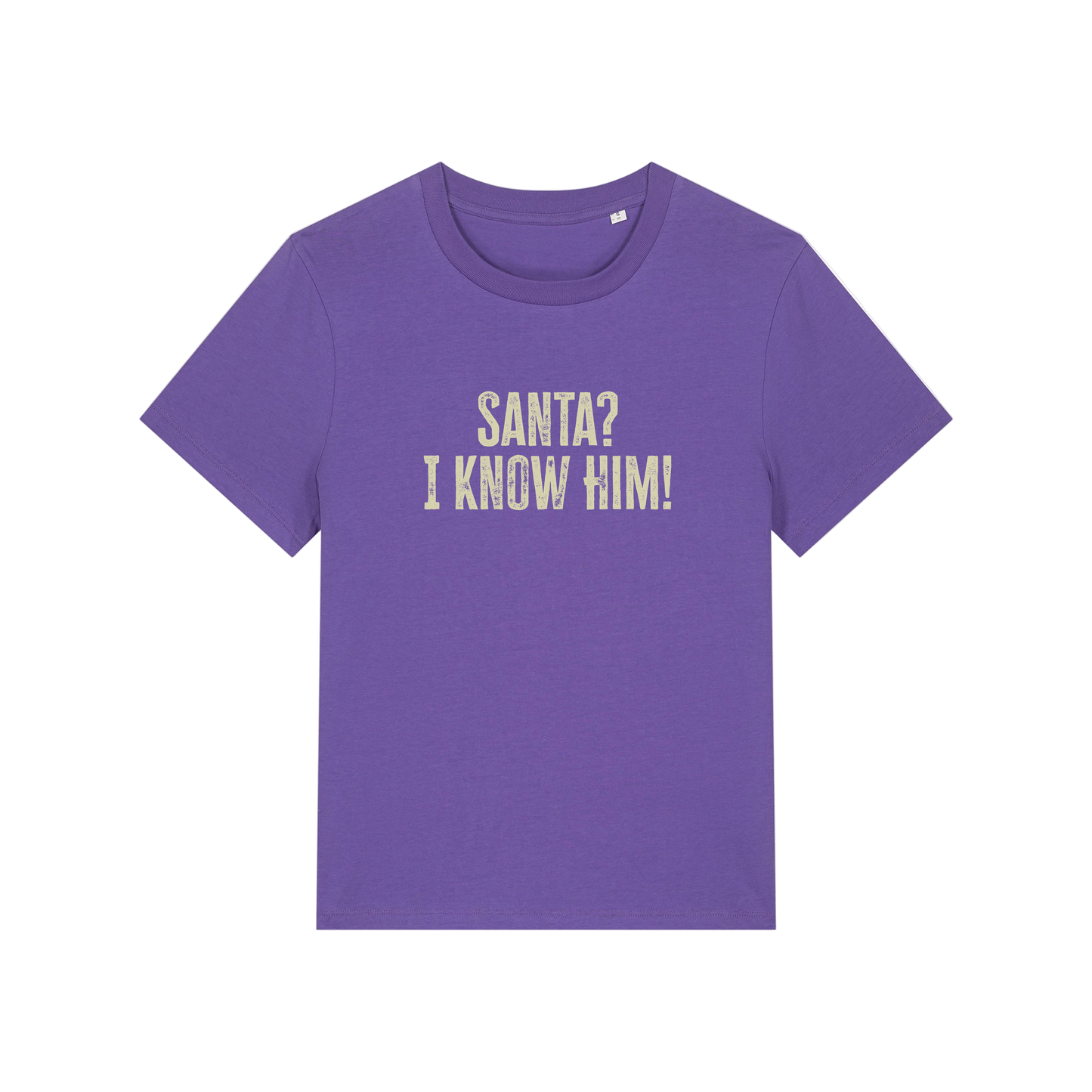 purple christmas t-shirt with the slogan 'santa i know him'
