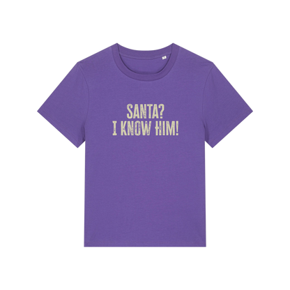 purple christmas t-shirt with the slogan 'santa i know him'