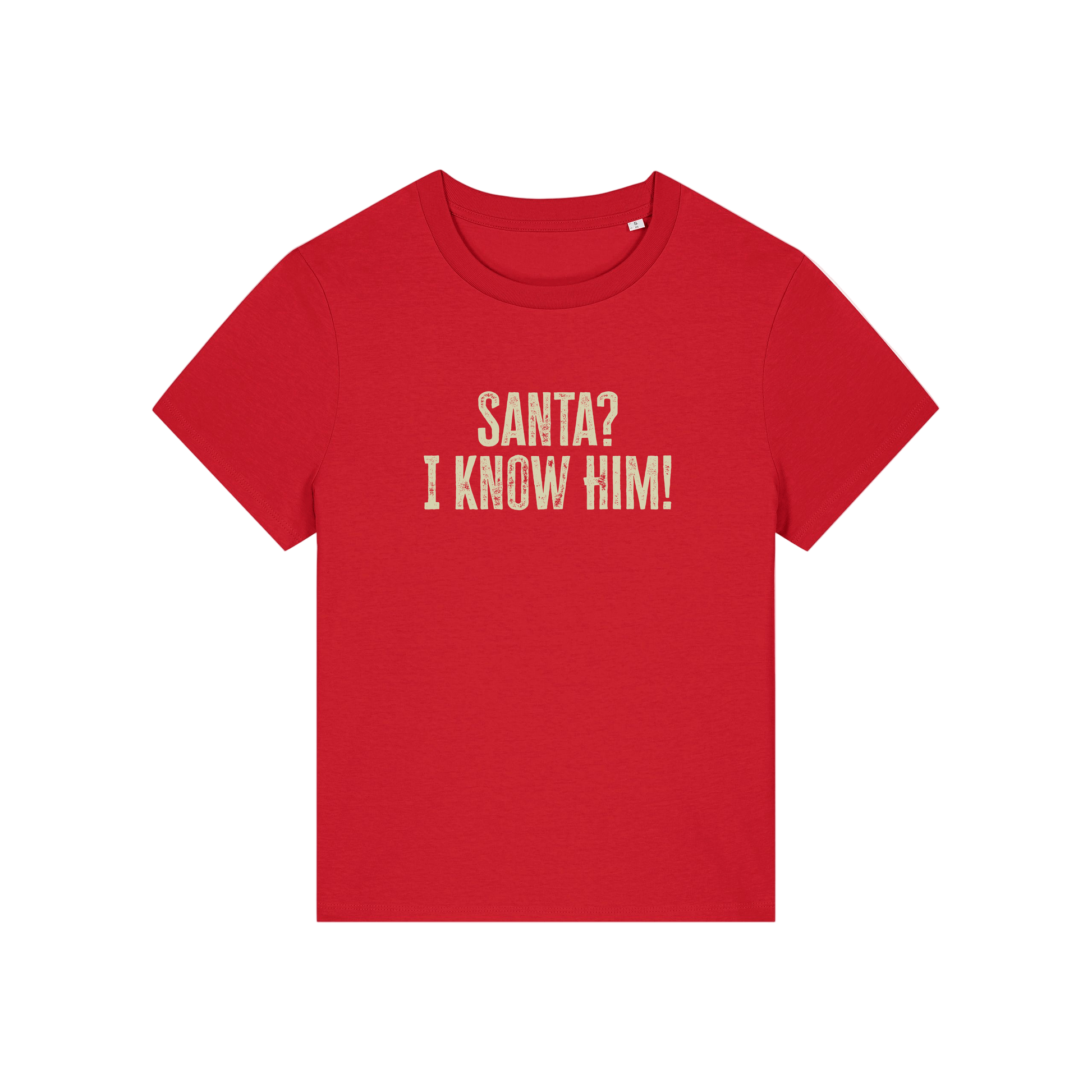 red christmas t-shirt with the slogan 'santa i know him'