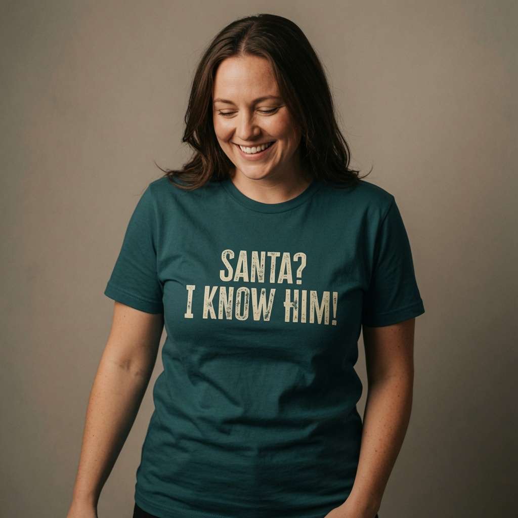 Woman looking down smiling in stargazer Santa? I Know Him! t-shirt, ladies memorable xmas day film