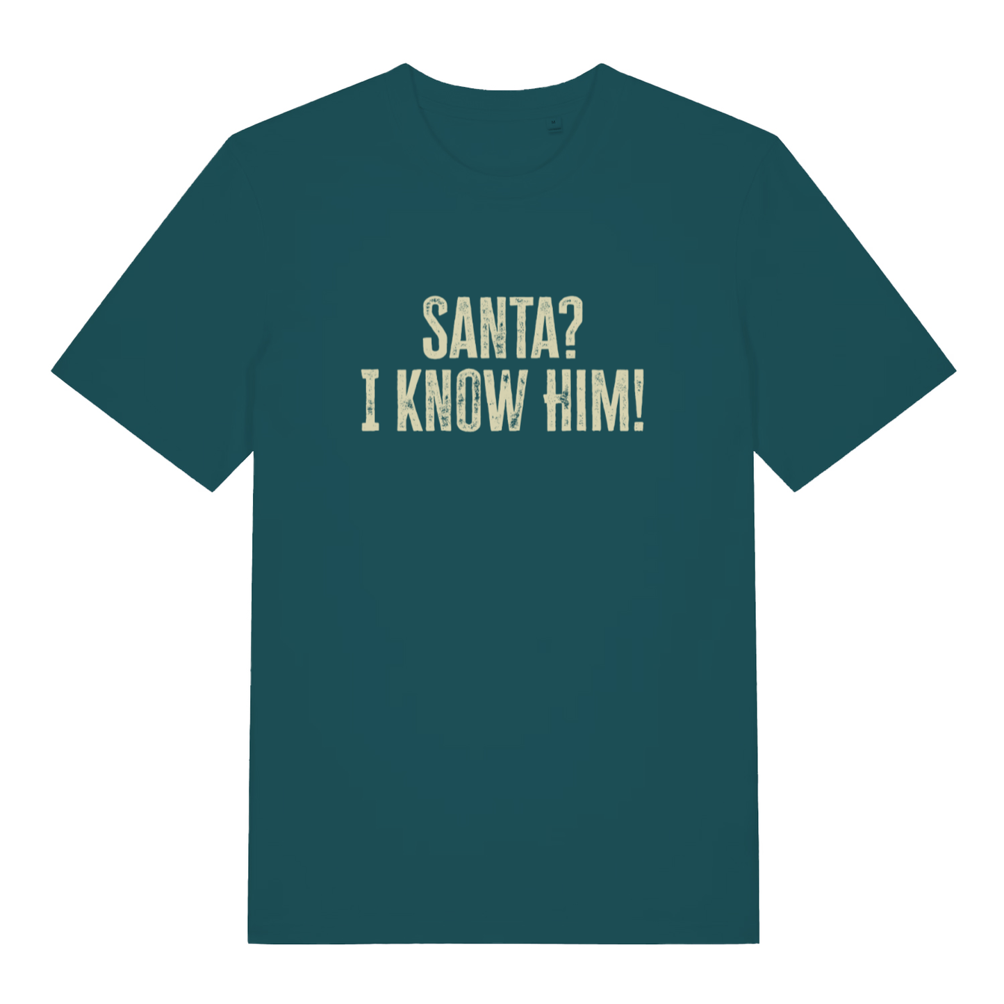 Stargazer women's Santa? I Know Him! funny graphic t-shirt showing distressed “SANTA? I KNOW HIM!” movie quote design  