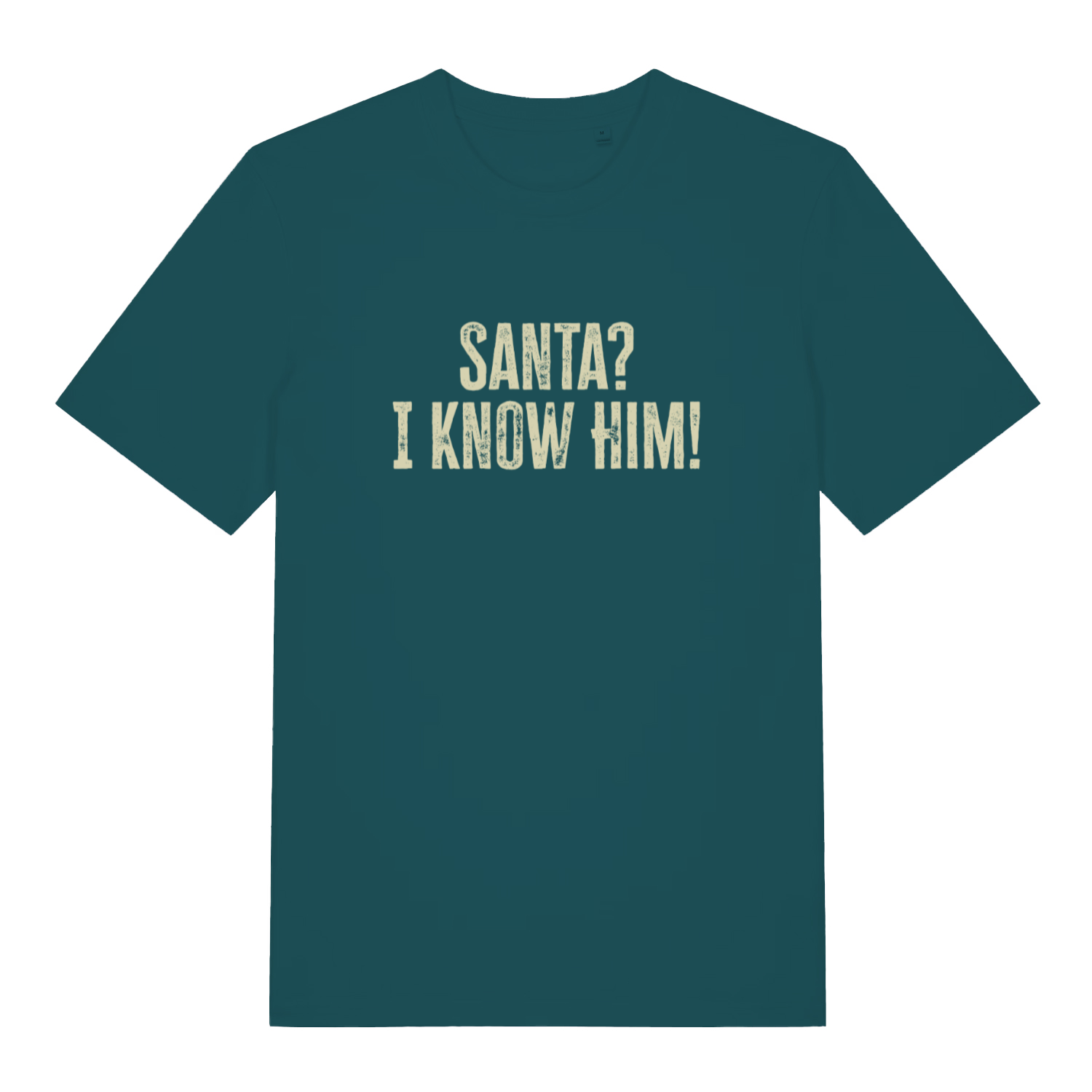 Stargazer women's Santa? I Know Him! funny graphic t-shirt showing distressed “SANTA? I KNOW HIM!” movie quote design  