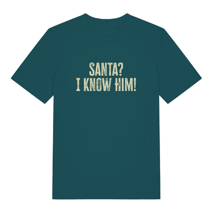 Stargazer women's Santa? I Know Him! funny graphic t-shirt showing distressed “SANTA? I KNOW HIM!” movie quote design  