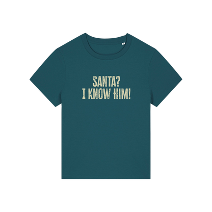 teal christmas t-shirt with the slogan 'santa i know him'