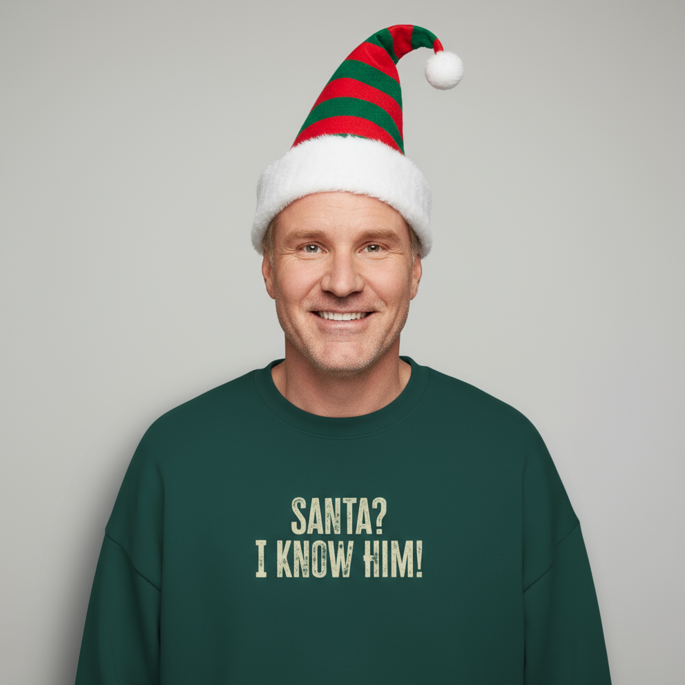 Man wearing a green sweater with 'Santa? I know him!' text and a festive hat on a gray background