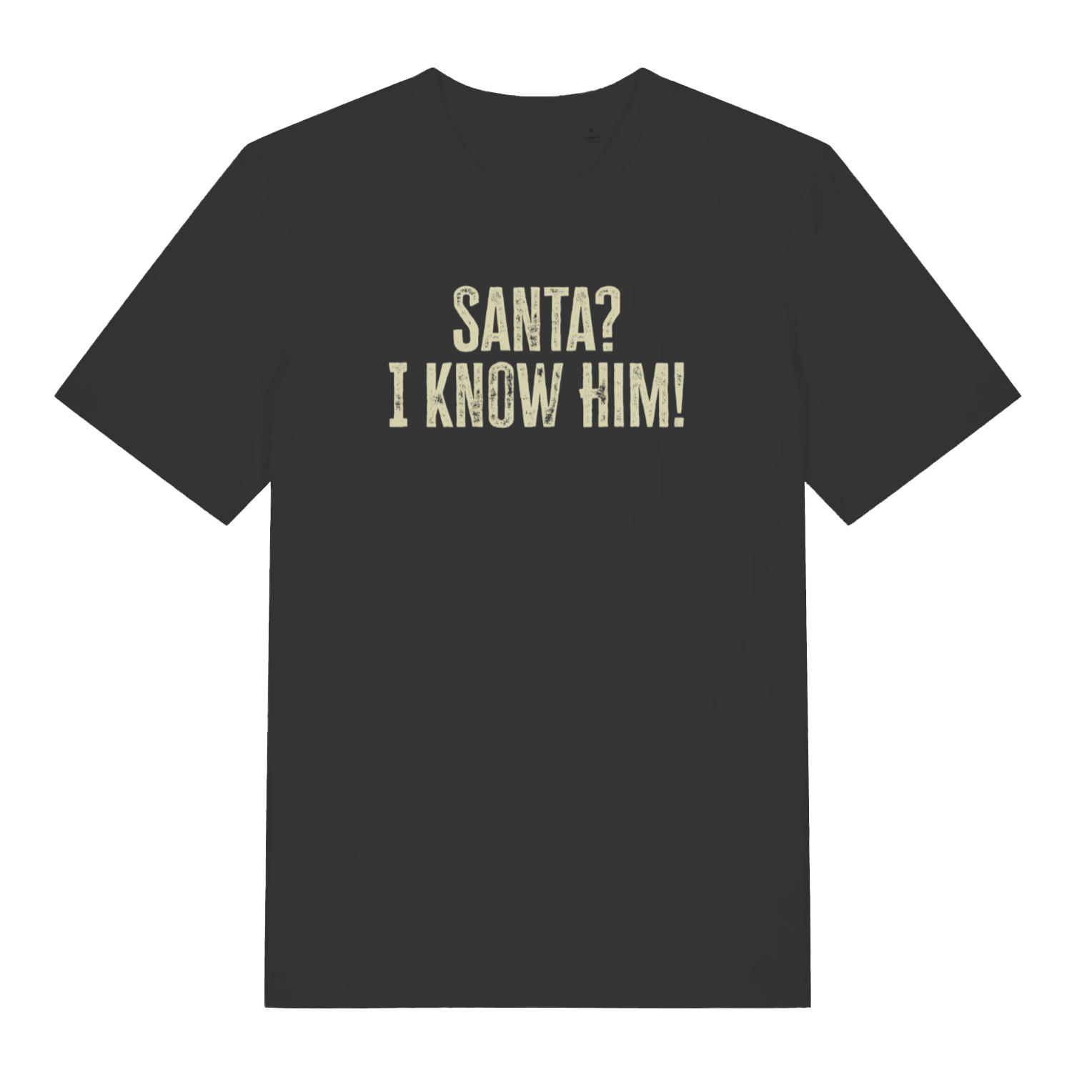 black christmas t-shirt with the slogan 'santa i know him'